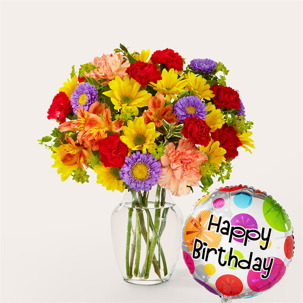 Kaleidoscope Bouquet with Birthday Balloon – FONSECA'S FLOWERS, San Bernardino CA