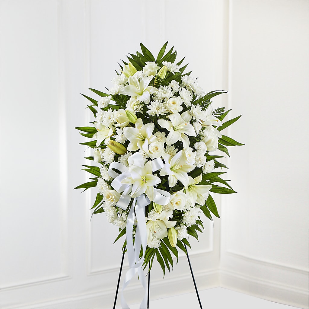 Exquisite Tribute Standing Spray-White Ribbon – FONSECA'S FLOWERS, San Bernardino CA