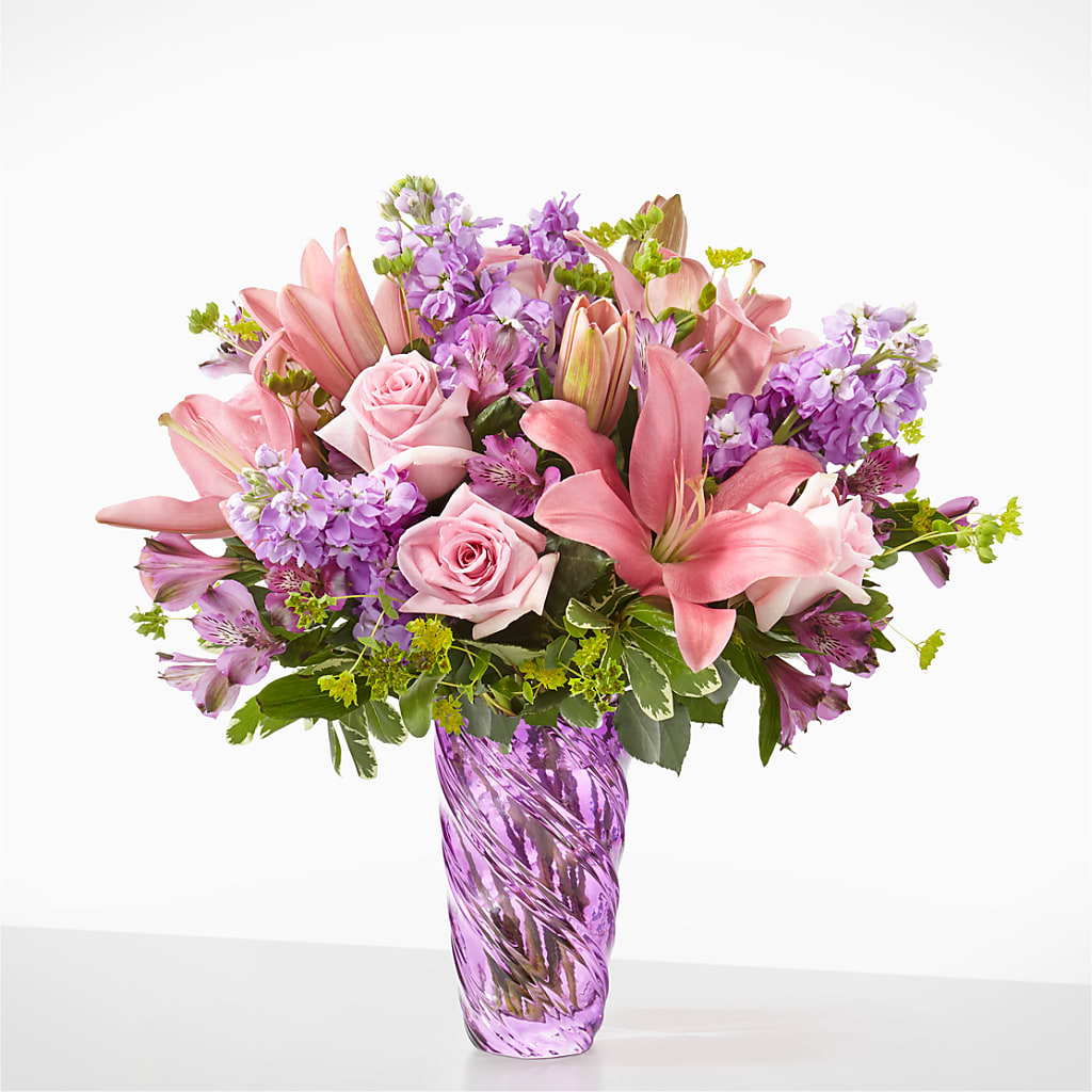 Precious Petals Bouquet with Luxe Swirl Vase – FONSECA'S FLOWERS, San Bernardino CA