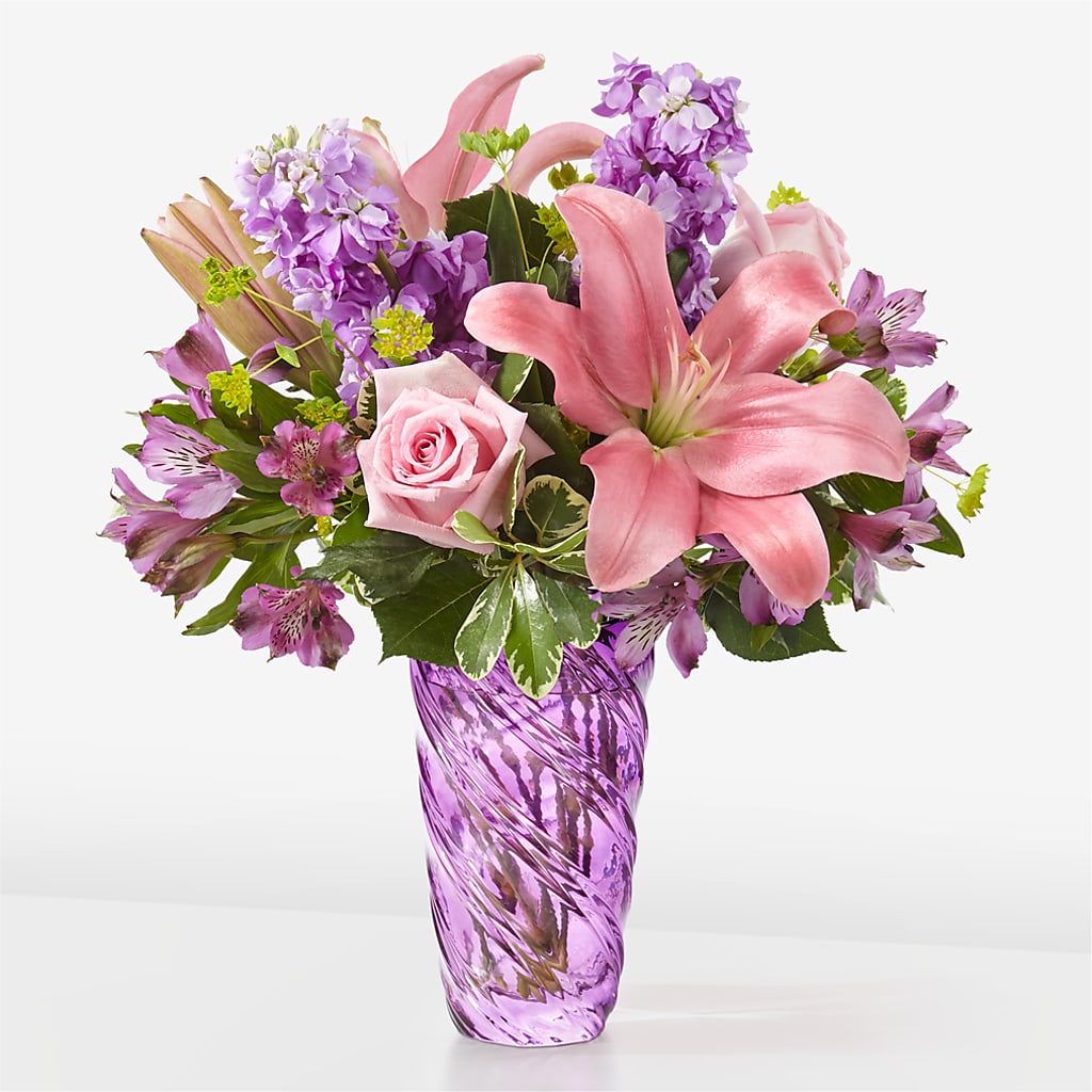 Precious Petals Bouquet with Luxe Swirl Vase – FONSECA'S FLOWERS, San Bernardino CA