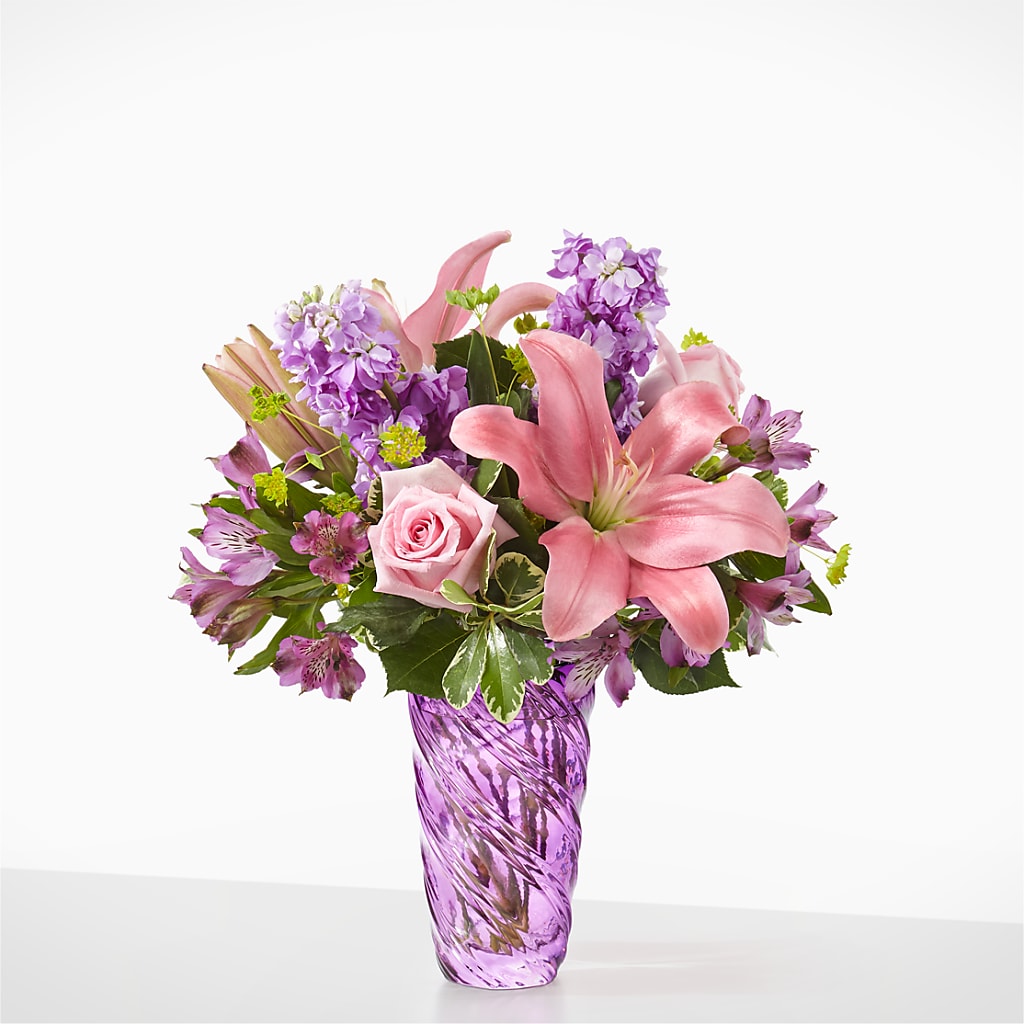 Precious Petals Bouquet with Luxe Swirl Vase – FONSECA'S FLOWERS, San Bernardino CA